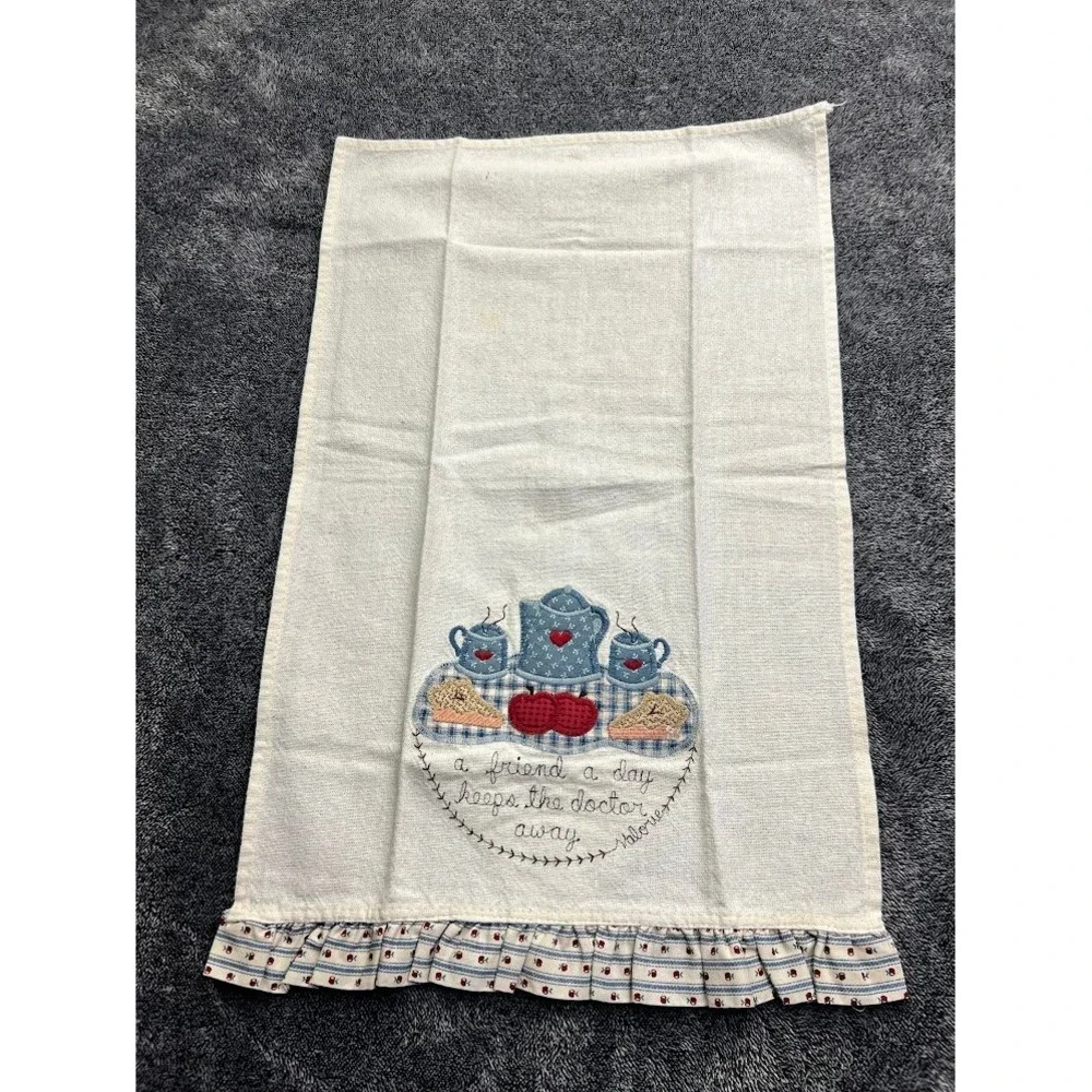 Vintage Valorie Embroidered Tea Time Kitchen Hand Towel Ruffle Hem Cream